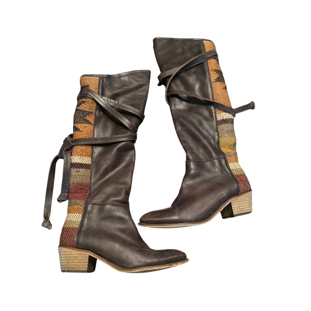 Anthropologie Howsty Brown Leather Knit Wrap Tie Tall Riding Boots Sz US10 EUR41
